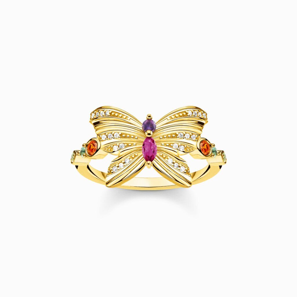 Gold, Colorful Stone & Faux Diamonds Butterfly Cocktail Ring