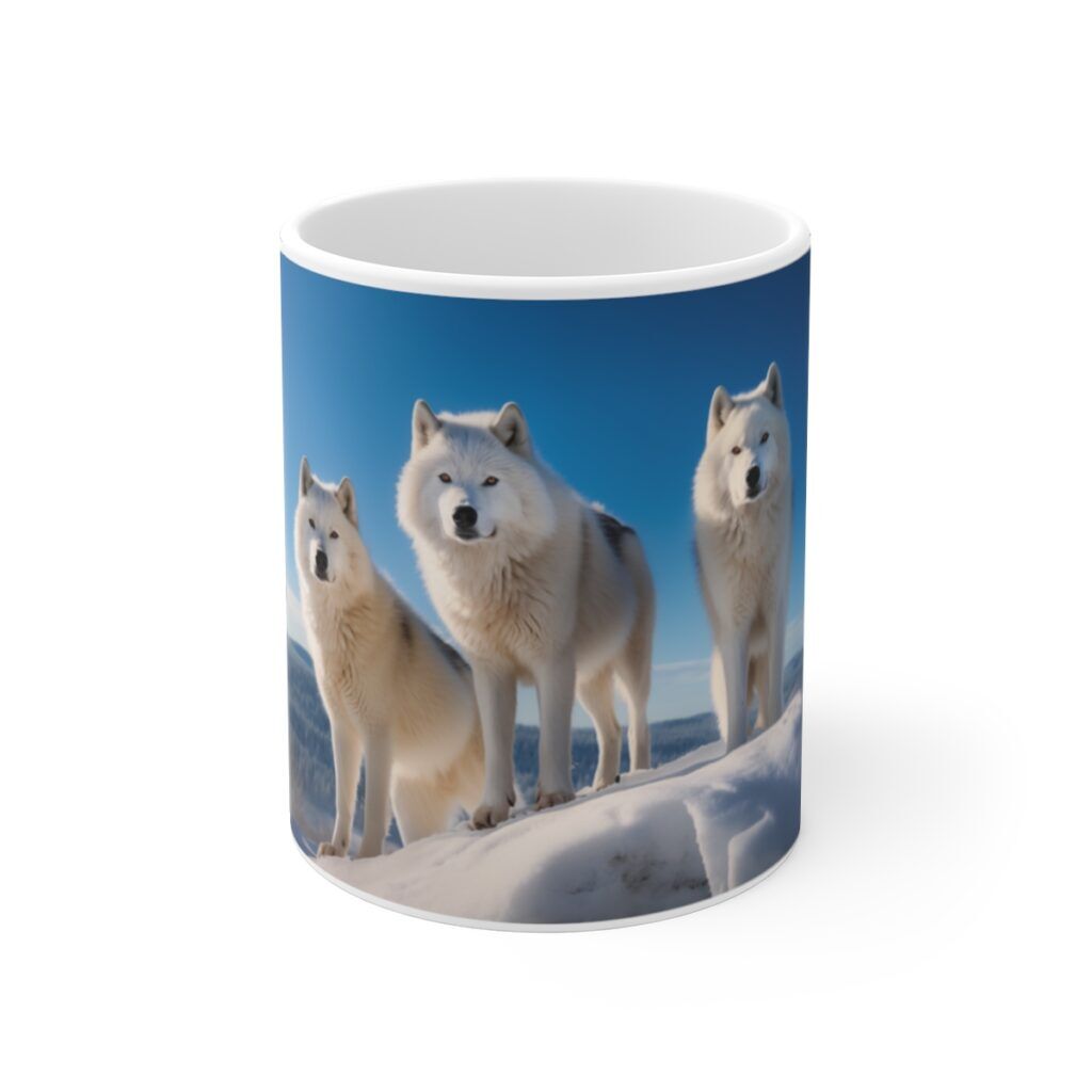 Three White Wolves in Snow Coffee Mug